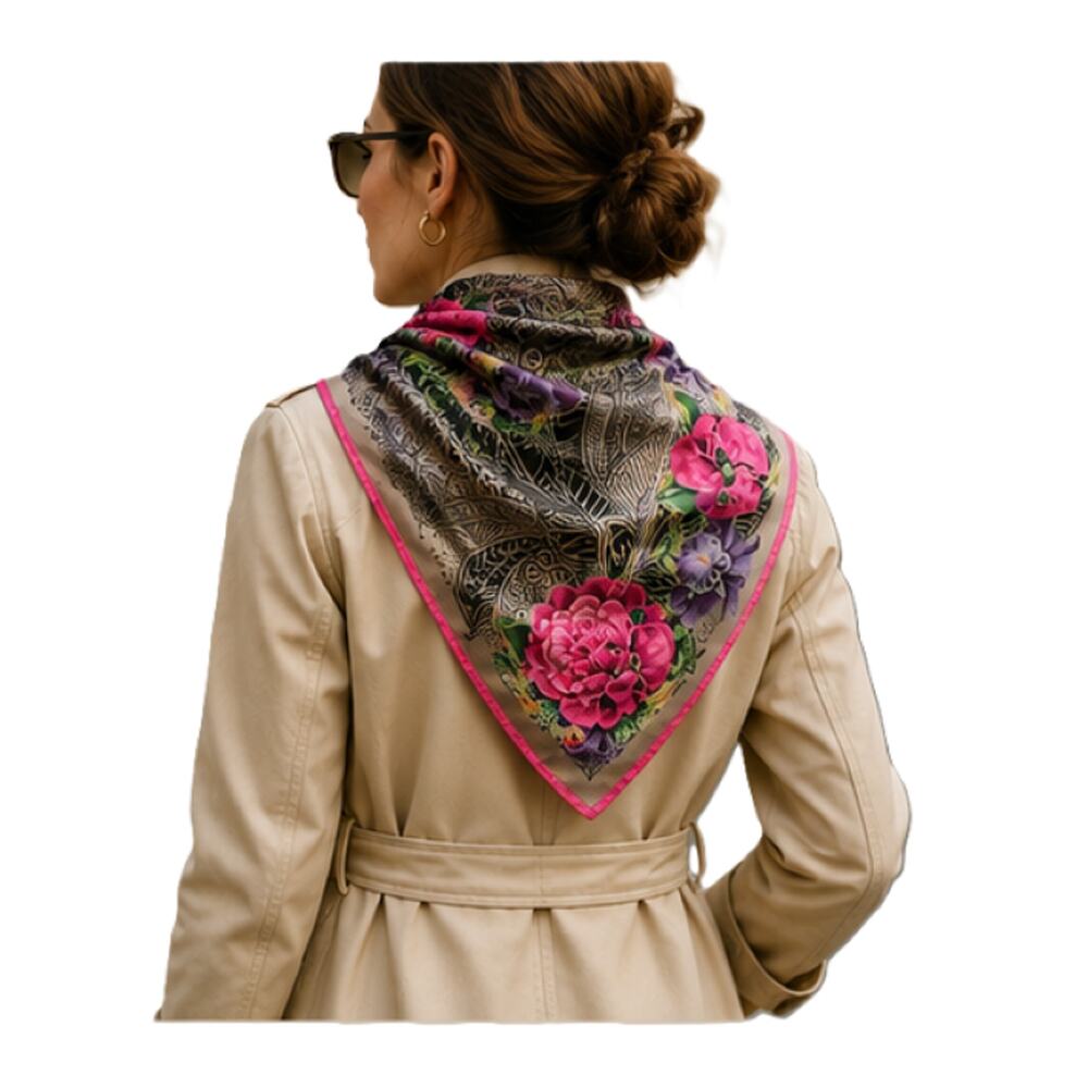 Vintage Oscar de la Renta Silk Scarf Floral Pink Purple Gray 30x30 Made in Japan